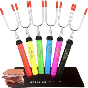 Smores Sticks For Fire Pit - Marshmallow Roasting Sticks For Campfire, Rotating Smore Sticks Set of 6 - Safe, Fun Telescoping Multicolored 34 Inch Hot  Sticks -  Long Camping Skewers