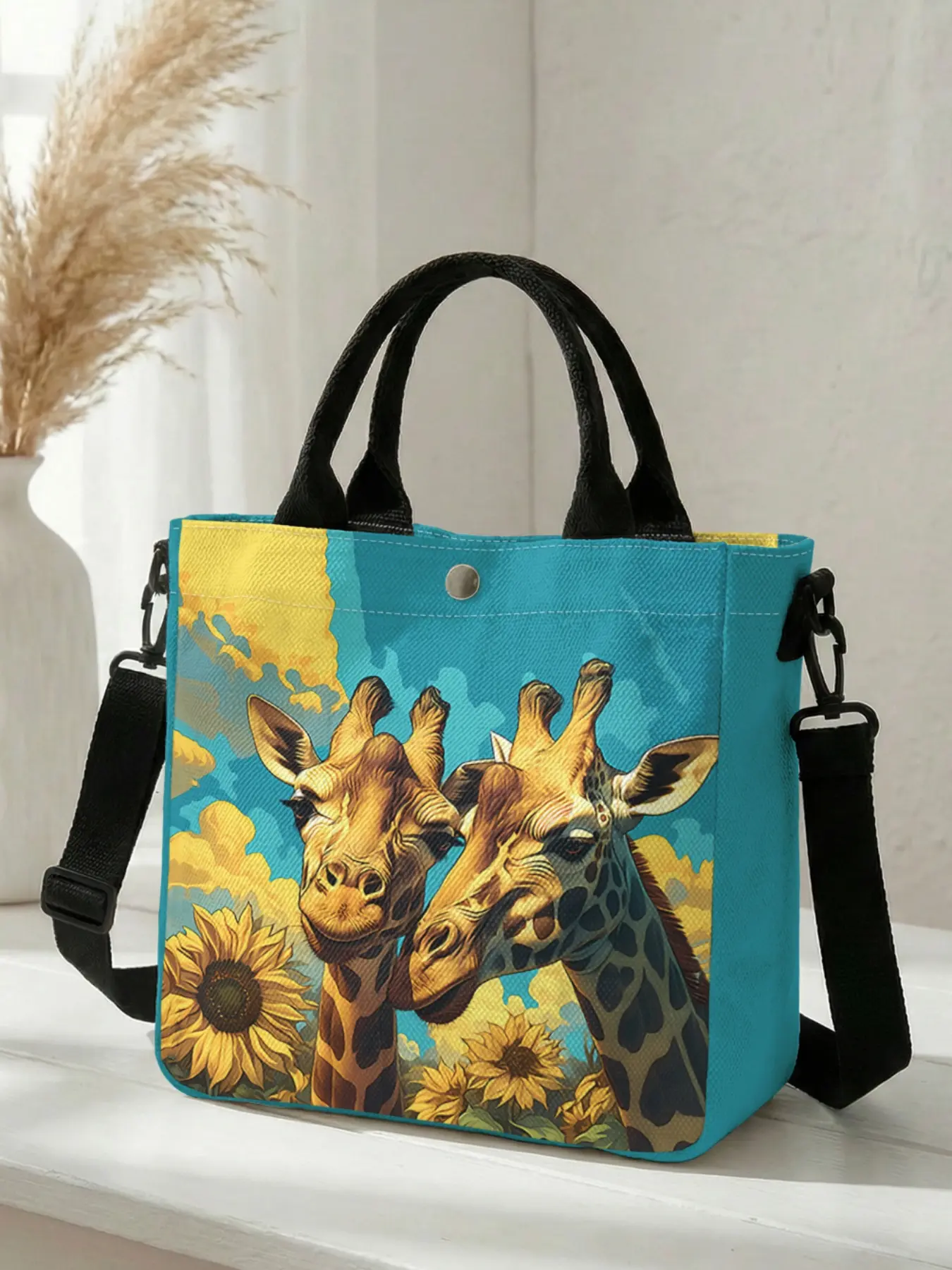 1 piece of 2D printed fashion crossbody bag with giraffe and sunflower pattern, adjustable shoulder strap + snap closure | Students/Office workers/Out and about | A street-ready essential that combines style and practicality