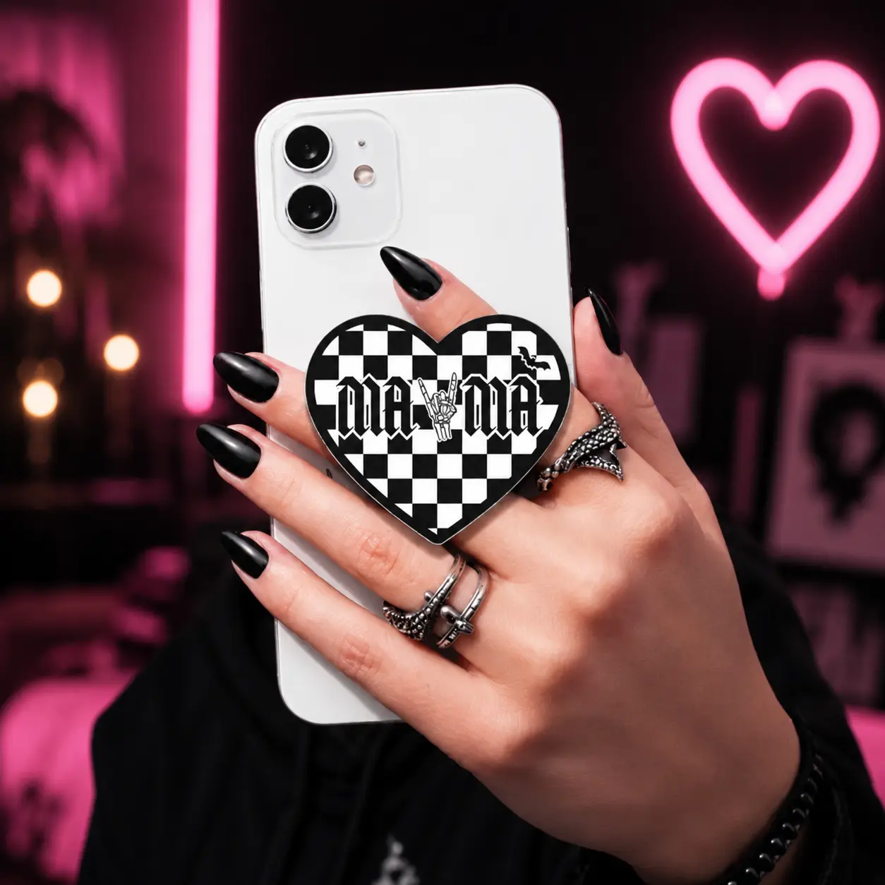 Checkerboard Mama Heart Phone Grip Stand Gothic Aesthetic Expanding Holder For Mobile Phones And E-Readers Trendy Edgy Accessory Gift