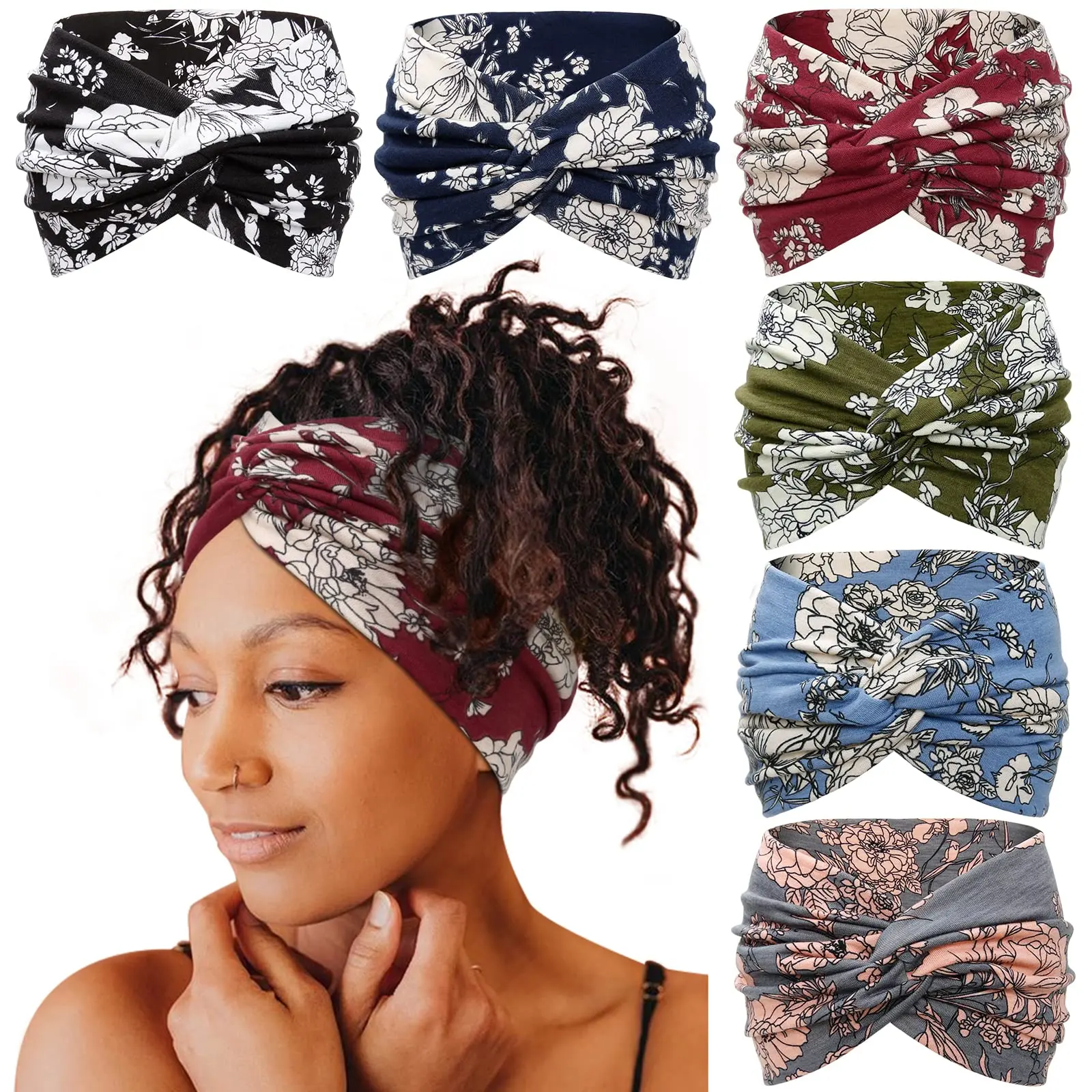 Breathable Head Wrap 6-Pack for Women, Boho Floral Knotted Cotton Turban Headbands for Female Adults, Soft Universal Fit