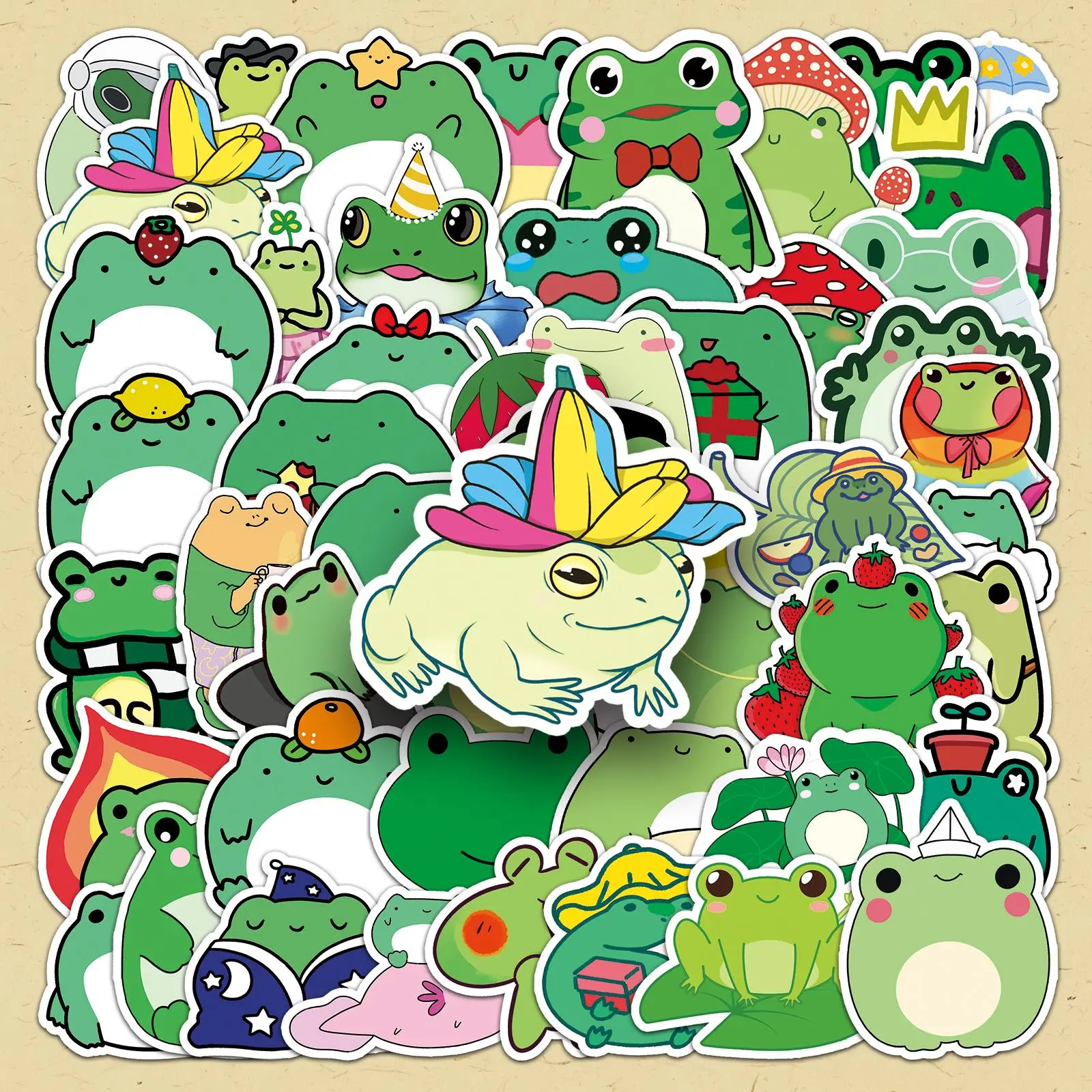 Cute Frog Pattern Sticker, 50pcs/set Self Adhesive Decorative Stickers, DIY Decals for Water Bottle, Laptop, Phone Case, Scrapbooking, Journal Making