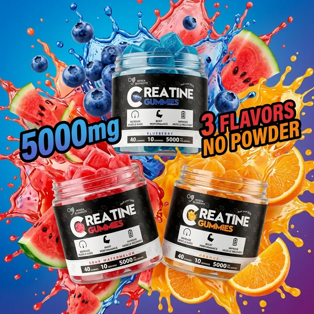 Creatine Monohydrate Infused Sugar Free Fruit Gummy Candies, Orange Blueberry Watermelon Flavors Adult Daily Chewy Snack,40 Count | Gomitas de Creatina