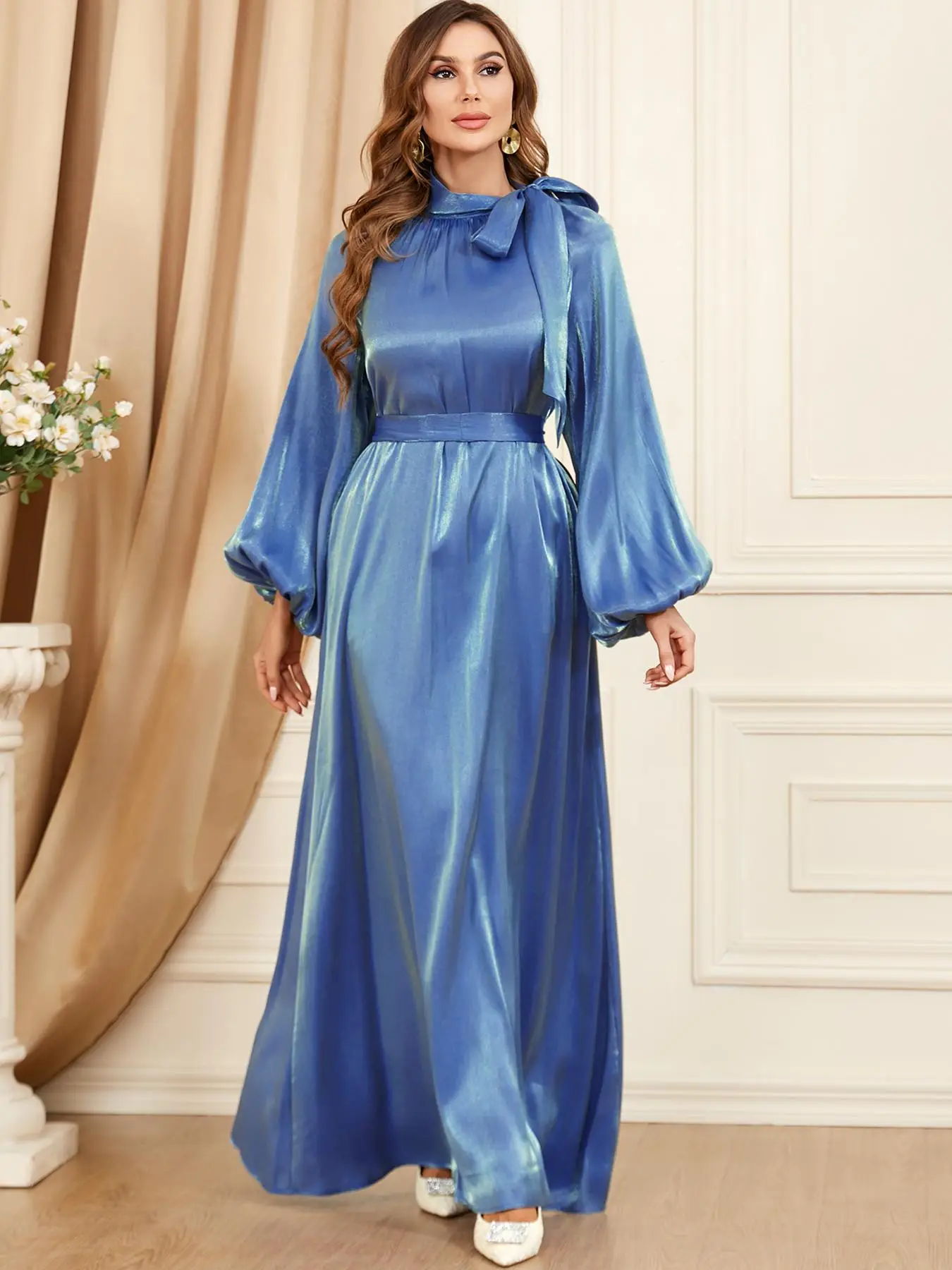 Arabic Clothing- Women's Solid Tie Neck Belted Dress, Modest Bishop Sleeve Long Arabian Dress, Islamic Clothing for Fall & Winter, Trendy Womenswear,