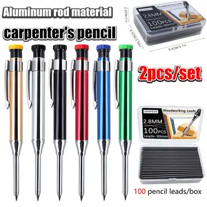 1 high-quality solid aluminum pole woodworking pencil+100 pencil leads/box, made of fracture resistant material, very suitable for deep hole marking and drawing, office marking, meeting the needs of all engineers (2pcs/set) Mechanical Pencils Set