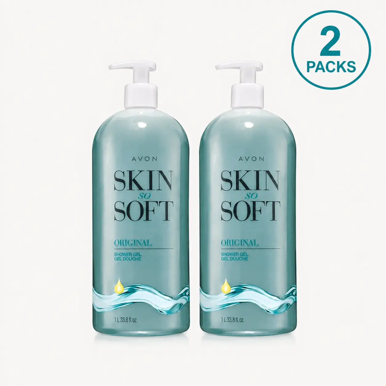 Avon Skin So Soft Original Shower Gel, Moisturizing Body Wash, 33.8 fl oz (1L) Each, Soft & Smooth Skin, 2-Pack