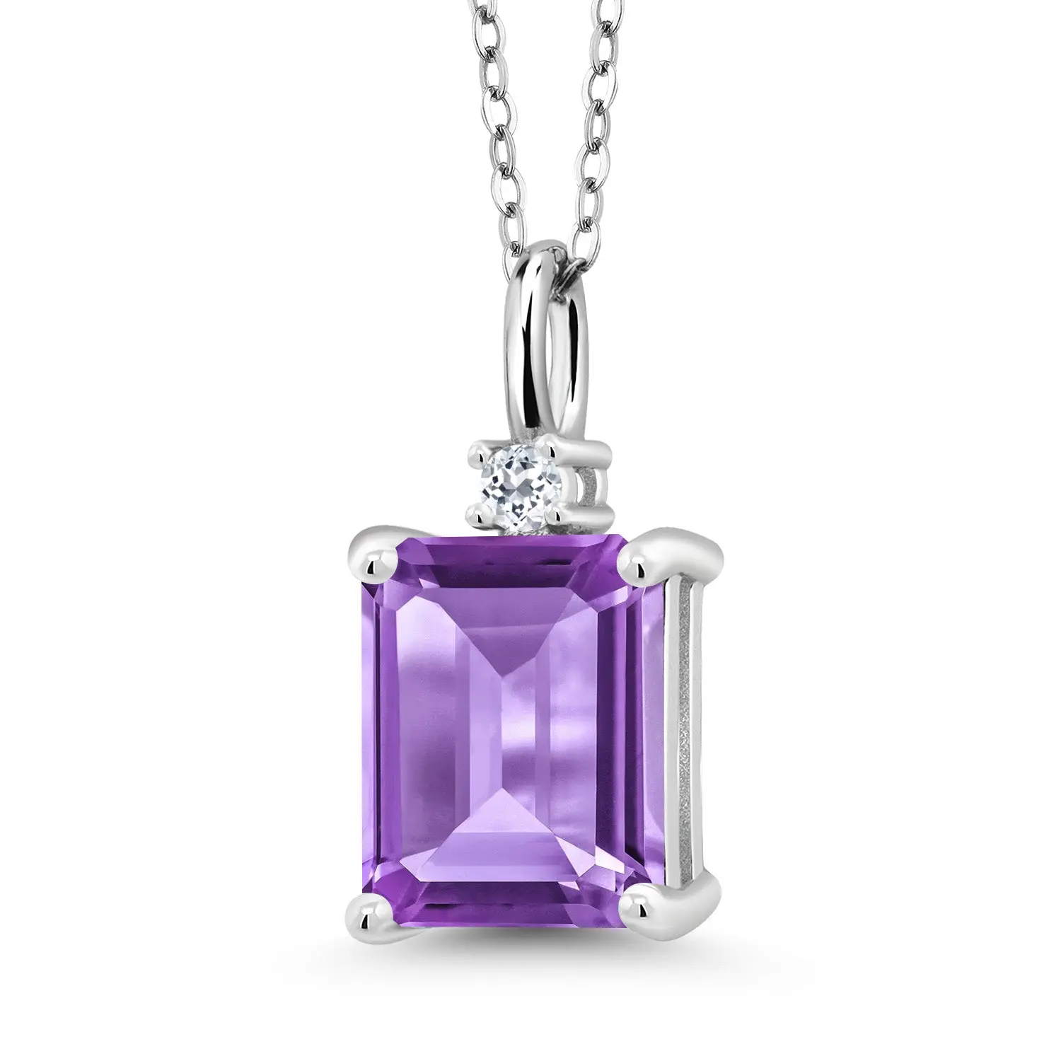 2-4 Cttw Gemstone Birthstone and White Topaz Pendant Necklace for Women | 925 Sterling Silver | Emerald Cut 10X8MM | Round 2MM | 18 Inch Chain | Fine Jewelry for Her Mom Wife