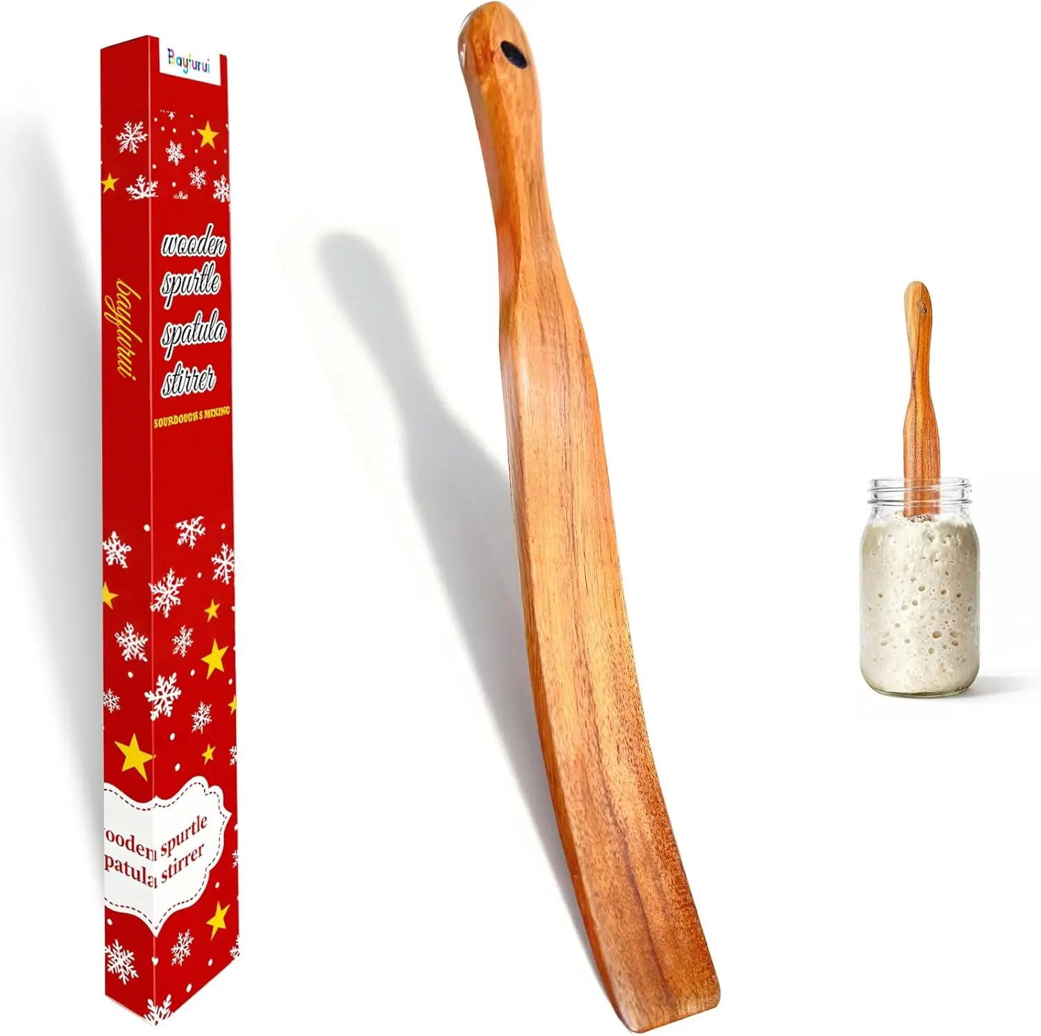 Thick Heatproof Wooden Sourdough Spurtle Spatula - 1.1"-1.3" (2.8-3.3cm) Sturdy Kitchen Utensil for Oil Mixing, Sourdough Stirring, Glass Jar Bottom Reaching & Housewarming Gift (Cookware Compatible)