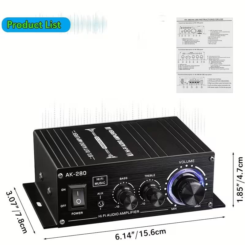 AK280 Mini 2.0-Channel Audio Amplifier with Bass & Treble Controls for Cars Homes & Garages Compact Music Player Enhance Your Audio Experience
