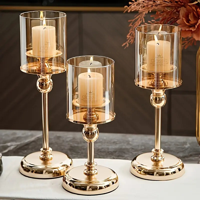 3pcs Elegant Metal & Glass Candle Holders - Romantic tabletop decor for home and kitchen, suitable for Thanksgiving, Hanukkah, Easter, Halloween, and Christmas (candles not included)