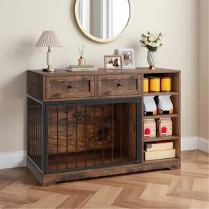 Gaomon 47" Wooden Crate Furniture, Indoor Kennel with Storage Drawers and Shelves, TV Stand Enclosure for Large-Medium Dogs, Ideal for Living Room Use