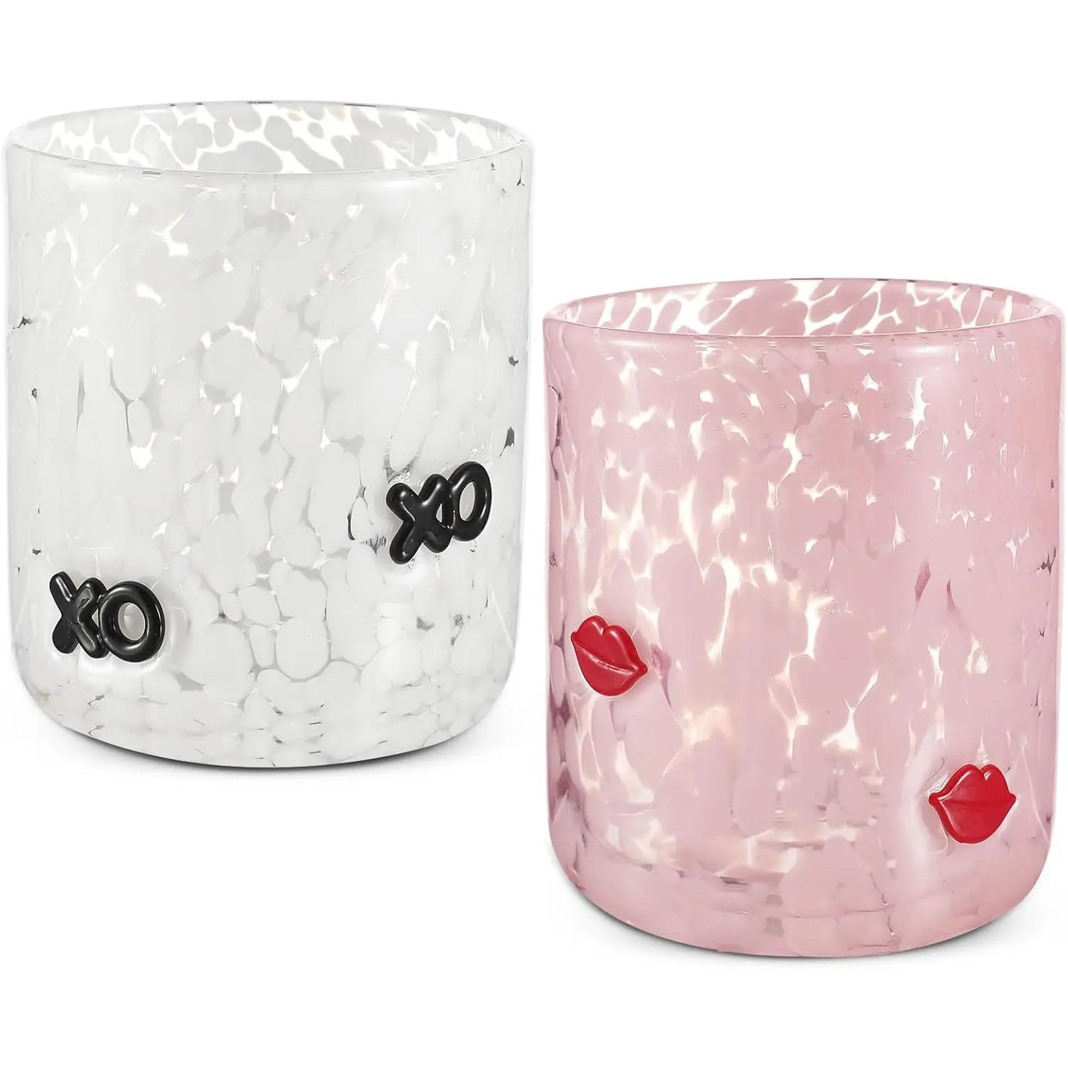 Women's 14oz Hand-Blown Red Lip & XO Pattern 2-Piece Stemless Stylish Drinkware Set, Wine Glass Set for Romantic Dates, Party, Valentine’s Adult Home Decor Gifts