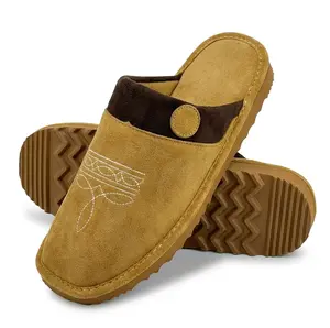 All Season Cowboy Boot Stitch Suede Leather Slippers with Square Toe Comfy House Shoes for Unisex Indoor Outdoor
