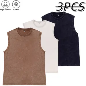 Pack of 3 pure cotton sleeveless tank tops, American street style, distressed washed finish, highly elastic and skin-friendly fabric, suitable for gym workouts, lifting iron, everyday casual wear, versatile basic men’s apparel Muscle Wash Unisex Acid tikt