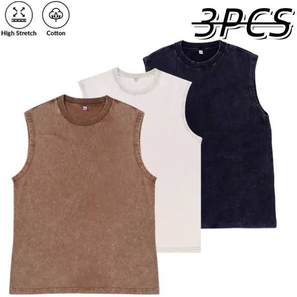 Men's 3-Pack Pure Cotton Sleeveless Athletic Tank Tops - American Street Style, Distressed Washed Finish, High Stretch Loose Skin-Friendly Fabric, Suitable for Gym Workouts, Everyday Casual Wear, Versatile Menswear Muscle Wash Unisex Acid Top
