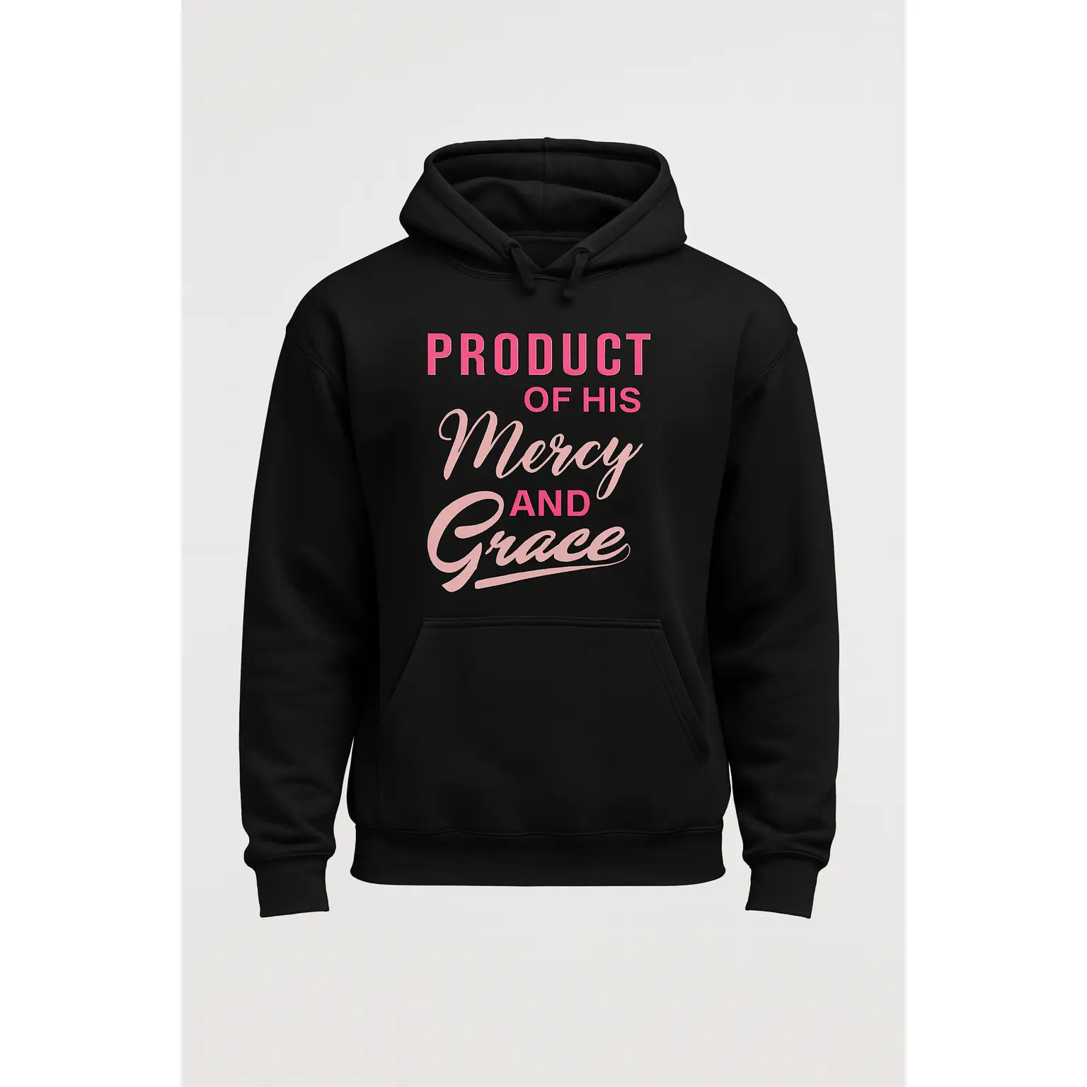 PRODUCT OF HIS Mercy AND Grace – Black Hoodie (Pink Text)