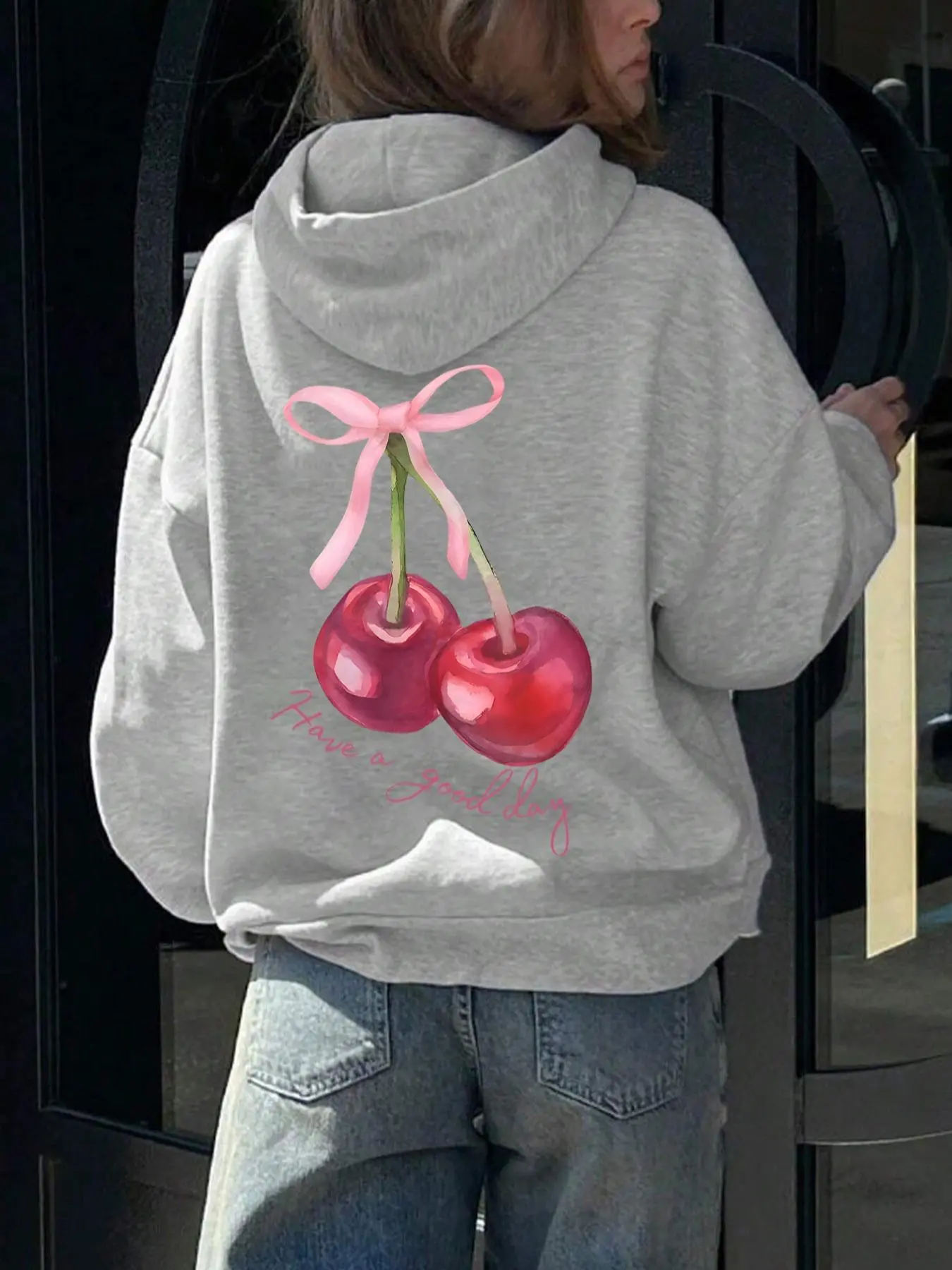 Women's Cherry & Letter Print Drop Shoulder  Thermal Lined Hoodie, Fashion Casual Drawstring Pocket Hooded Sweatshirt for Daily Holiday Outdoor Wear, Ladies Clothes for Fall & Winter, Cute Cozy Sweatshirt, Graphic Sweatshirts