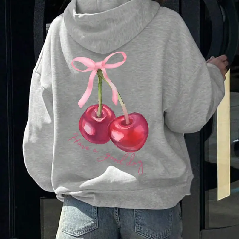 Women's Cherry & Letter Print Drop Shoulder Thermal Lined Hoodie, Fashion Casual Drawstring Pocket Hooded Sweatshirt for Daily Holiday Outdoor Wear, Ladies Clothes for Fall & Winter, Cute Cozy Sweatshirt, Graphic Sweatshirts