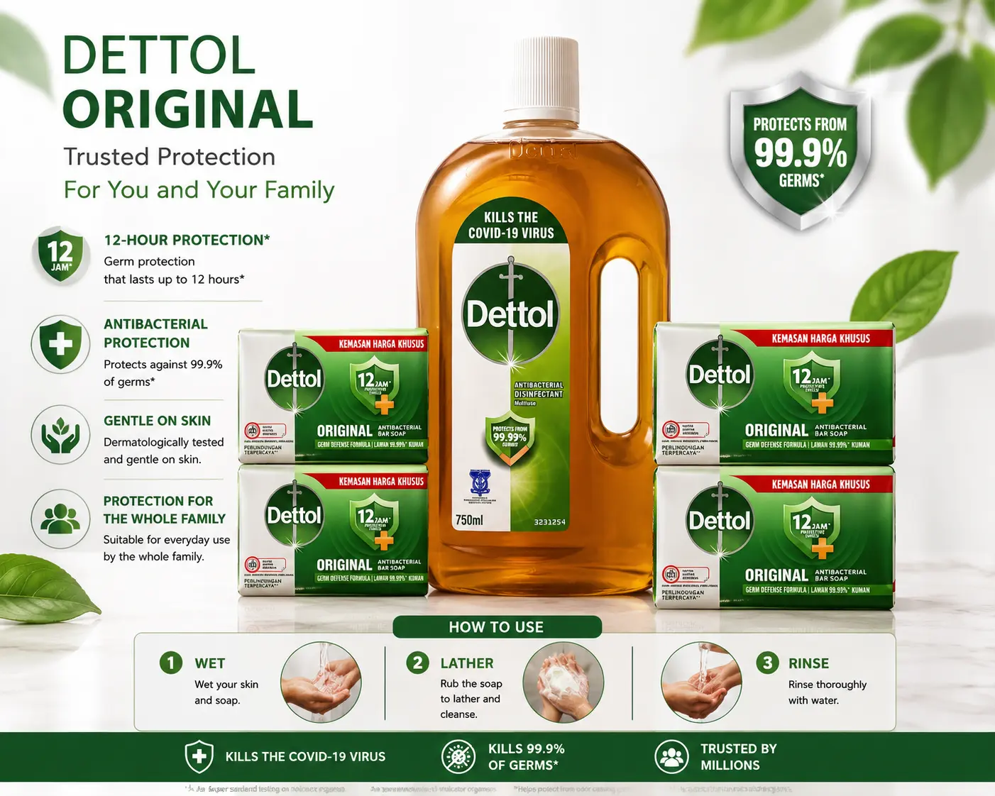 Dettol Original Bath Bundle - 4 x 100g Soap Bars & Liquid Multi-Purpose (Original, Re-energize, Lasting Fresh, Skincare, Fresh, Cool Variants)