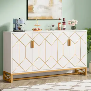 59" White Gold Buffet  With Storage Kitchen Sideboard Storage  Curved Back PU Leather Dining Chairs Set Multifunctional Yoga Handle Vertical Dresser Cabinet Double Sliding Tub Door
