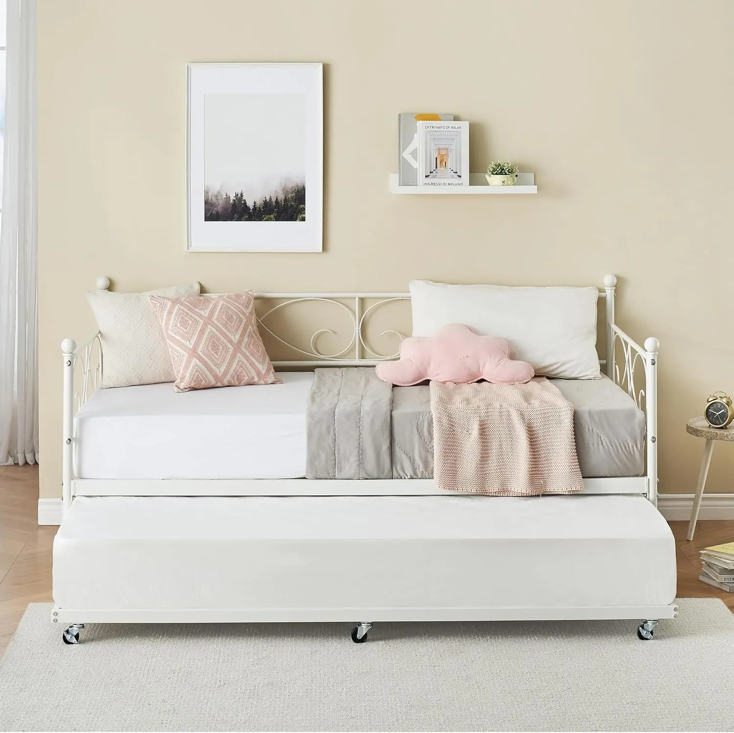 White Twin Metal Daybed with Trundle, Heavy-Duty Metal Slats, Space-Saving Trundle Bed Frame for Living Room, Bedroom, Trundle Bed Frames