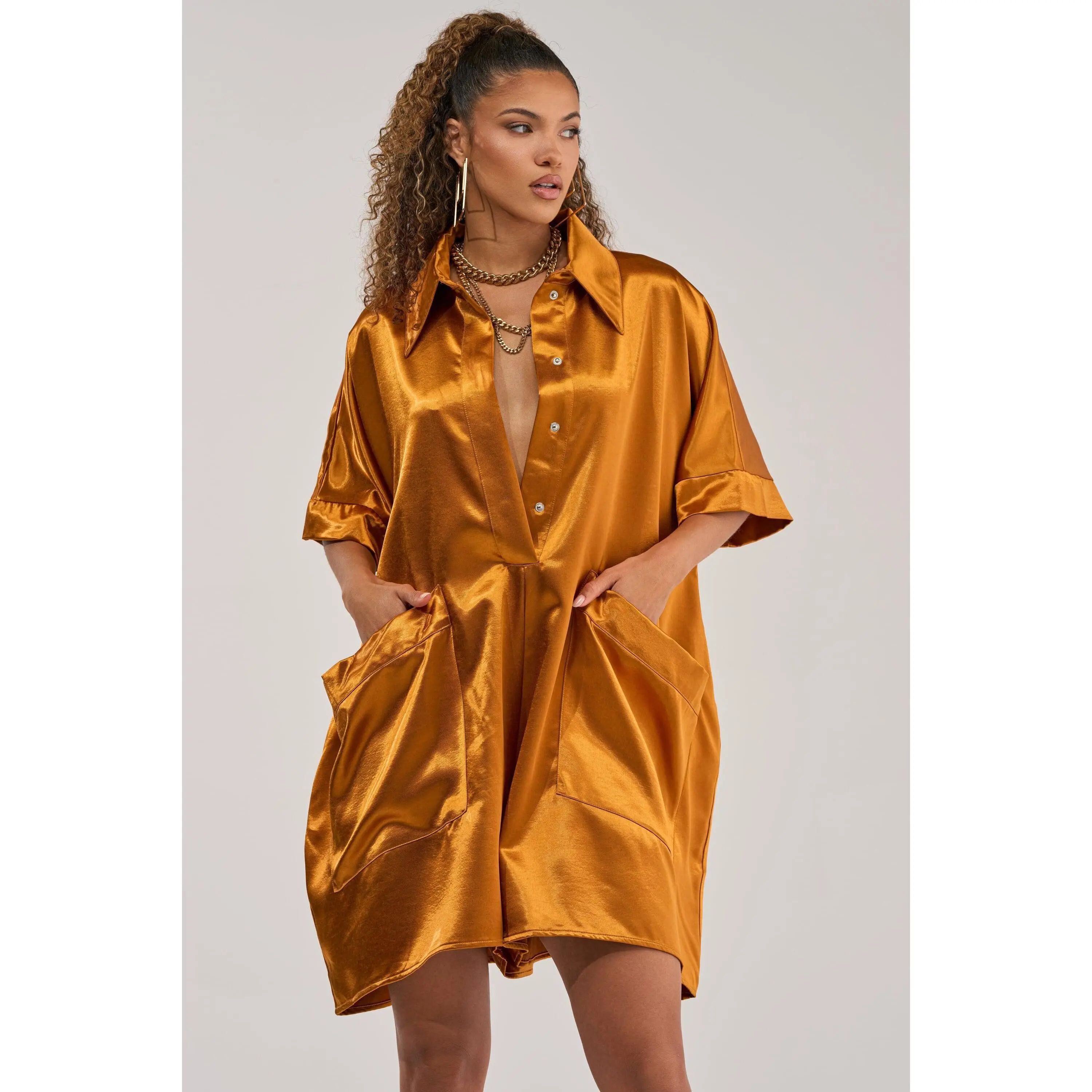 SHE'S RICH OVERSIZED SATIN ROMPER IN MUSTARD