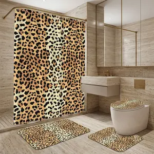 【Leopard Print】Shower Curtain Set with Mat – Classic Realistic Brown Leopard Animal Print Bathroom Decor – 4 Piece Bath Set – Waterproof, Non-Slip Bathroom Rug Set – Modern Glam, Jungle Theme, Safari Party, Bold Home Decor