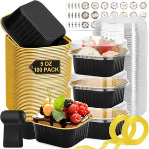 100 Pack Mini Cake Pans with Lids and Spoons 5oz Square Aluminum Foil Black Gold Small Disposable Baking Pans Dessert Cupcake Cups with Ribbon for Wedding Birthday Party Picnics