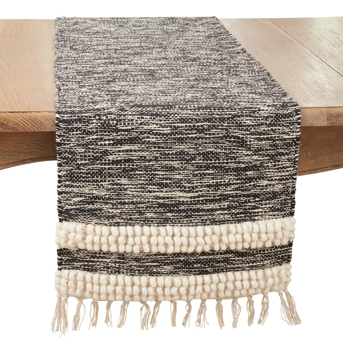 16 x 72 in. Boho Fringe Pom Pom Stripe Oblong Table Runner, Black