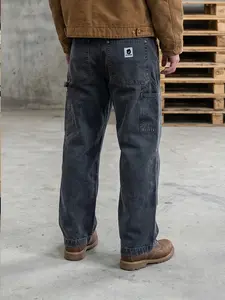 FroFooo Men's Summer Straight-Legged Jeans Streetwear Double-Knee Work Pants Y2K Canvas Skateboarding Trousers Vintage Washed Aged Denim