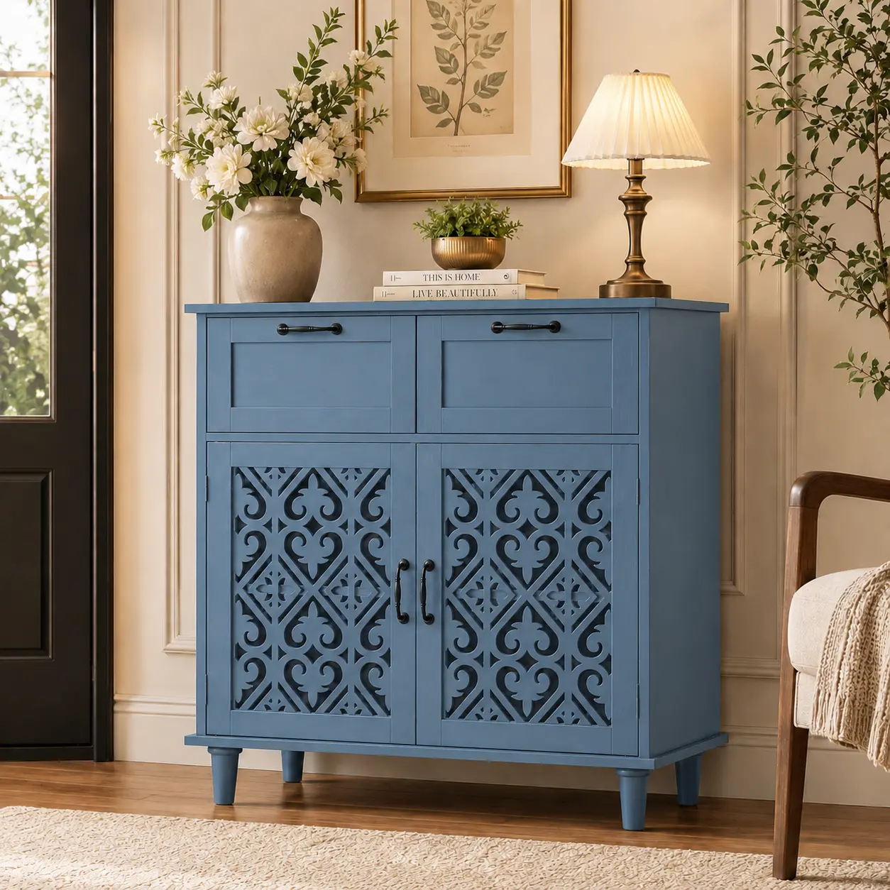 【Deals for You Days】Vintage Wood Carved Detail Rectangular Sideboard Buffet Cabinet - 2 Drawers, 2 Doors Credenza with Adjustable Shelves, 1-Person Easy Assembly Single Unit Breathable Storage Cabinet for Dining, Living Room