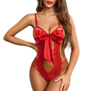 Avidlove Womens One Piece Lingerie Floral Lace Teddy Bow Tie Bodysuit Smooth Ribbon Babydoll