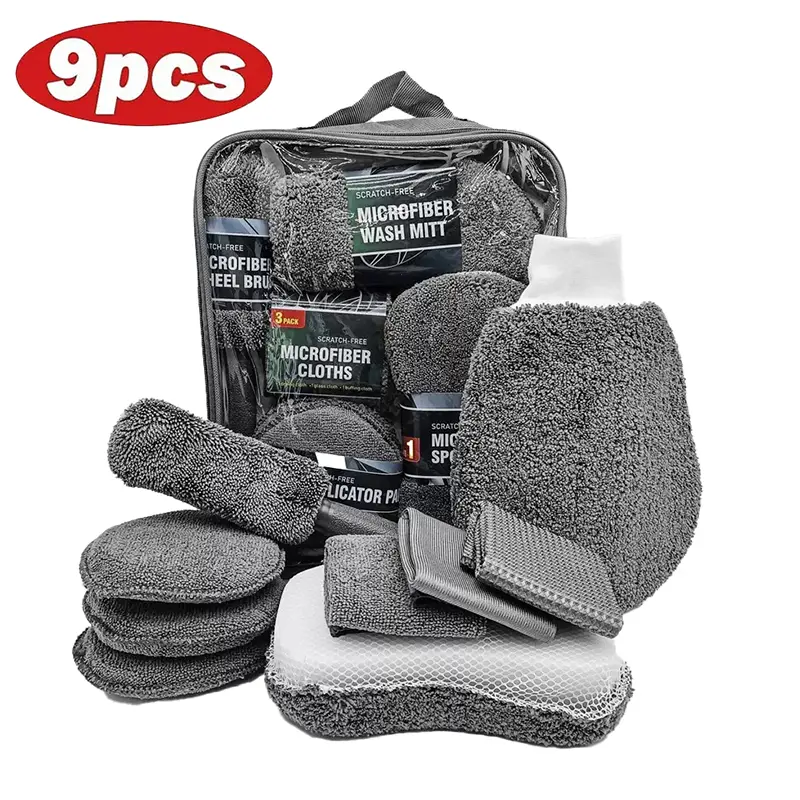 9Pcs Car Wash Detailing Kit Cleaning Kits,with Wash Mitt Wax Applicator Pad Tire Brush Sponge Microfiber Cleaning Cloths Glass Cleaning Cloth Car Cleaning Tools Kit for Interior, Exterior, Wheels