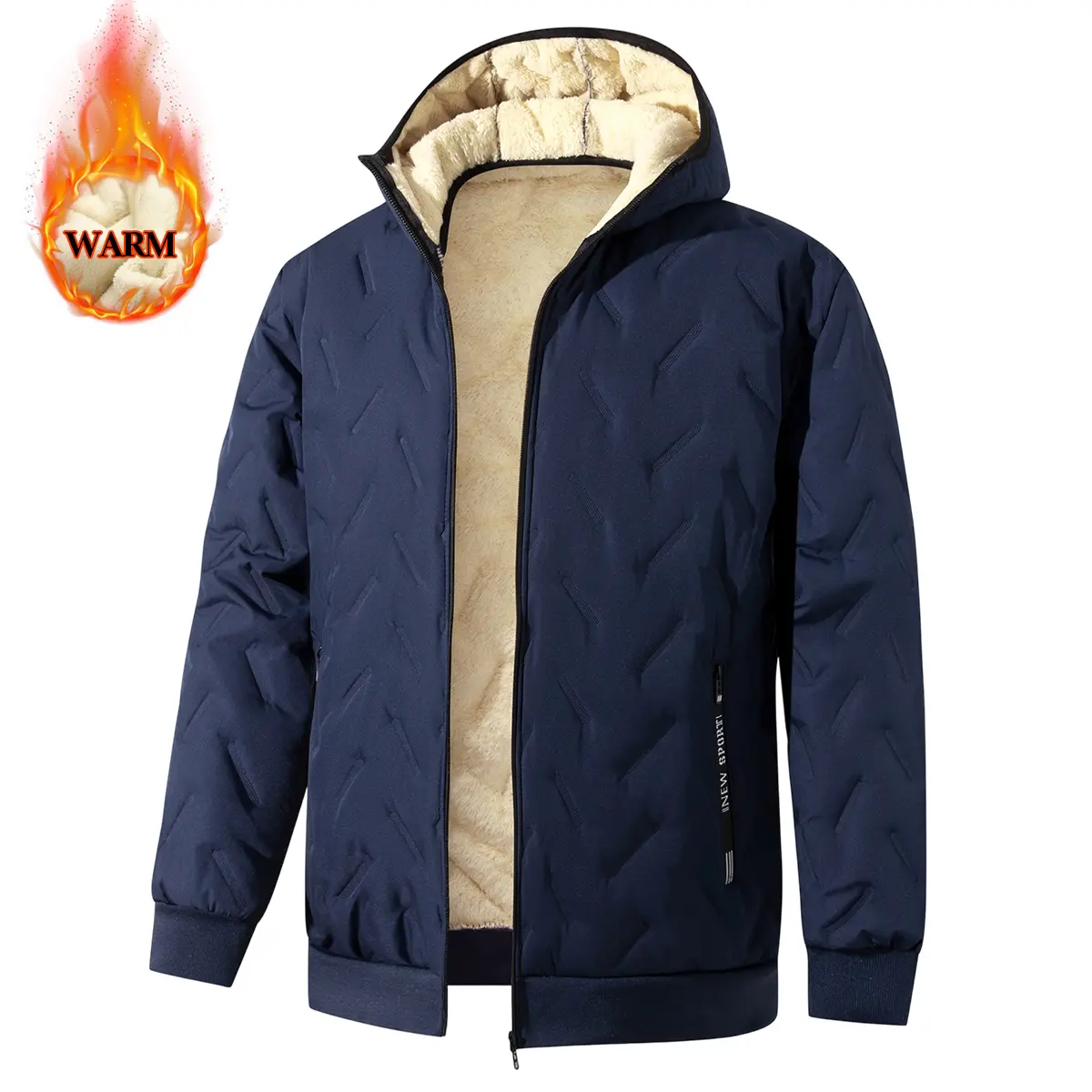Men's quilted hooded zip jacket, with sherpa inner and side pockets – for snowy commutes or weekend escapes – durable poly, breathable & quick-dry – warm, tough, stylish.