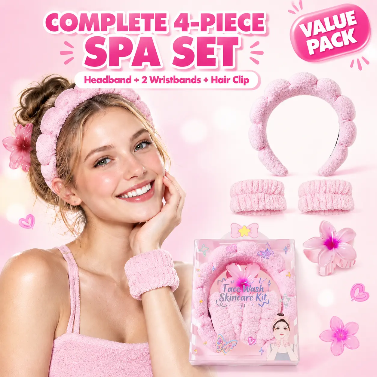 Spa headband and wristband set for face washing – 4 pcs bubble headbands for women, cute flower hair claw clip, fluffy microfiber towel wrist bands for skincare, suitable for daily use, soft puffy headband, makeup headband, headband accessory