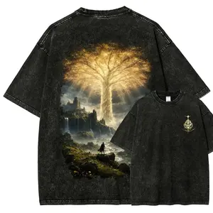 Men's Short-Sleeve Distressed Vintage Washed Elden Ring Erdtree Oversized Round Neck Cotton Graphic T-Shirt - Gothic Black Grunge Menswear, Golden Tree Print, Soulsborne Gamer Gift, Casual Streetwear Top, Shortsleeve