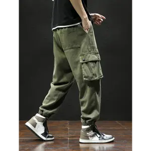 Men'S Trendy Solid Footed Cargo Pants With Side Pocket, Comfy Casual Loose Fit Trousers For Outdoor Activities, Autumn And Winter Cotton Menswear