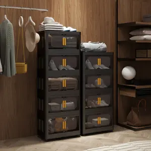 Black,24" Side Wide Folding Storage Cabinet ,4 Tiers,23.62"*13.78"*48.43",Collapsible Storage Bins with Magnetic Door, Plastic Storage Cabinet with Wheels