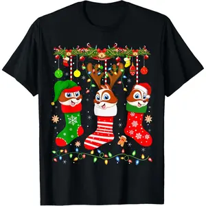 Chipmunk In Christmas Socks Lights Chipmunk Xmas T-Shirt, 100% Cotton, Single Side Printed, Black Short Sleeve T-shirt, 1 pc, Christmas Halloween Thanksgiving Gift