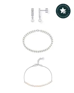 PAVOI Rhodium Plated Pearl Jewelry Set for Women – Freshwater Pearl Bracelet, Mini Bar Bezel Pearl Drop Stud Earrings with CZ & Simulated Shell Pearl Choker Necklace - Tiktok Bundle