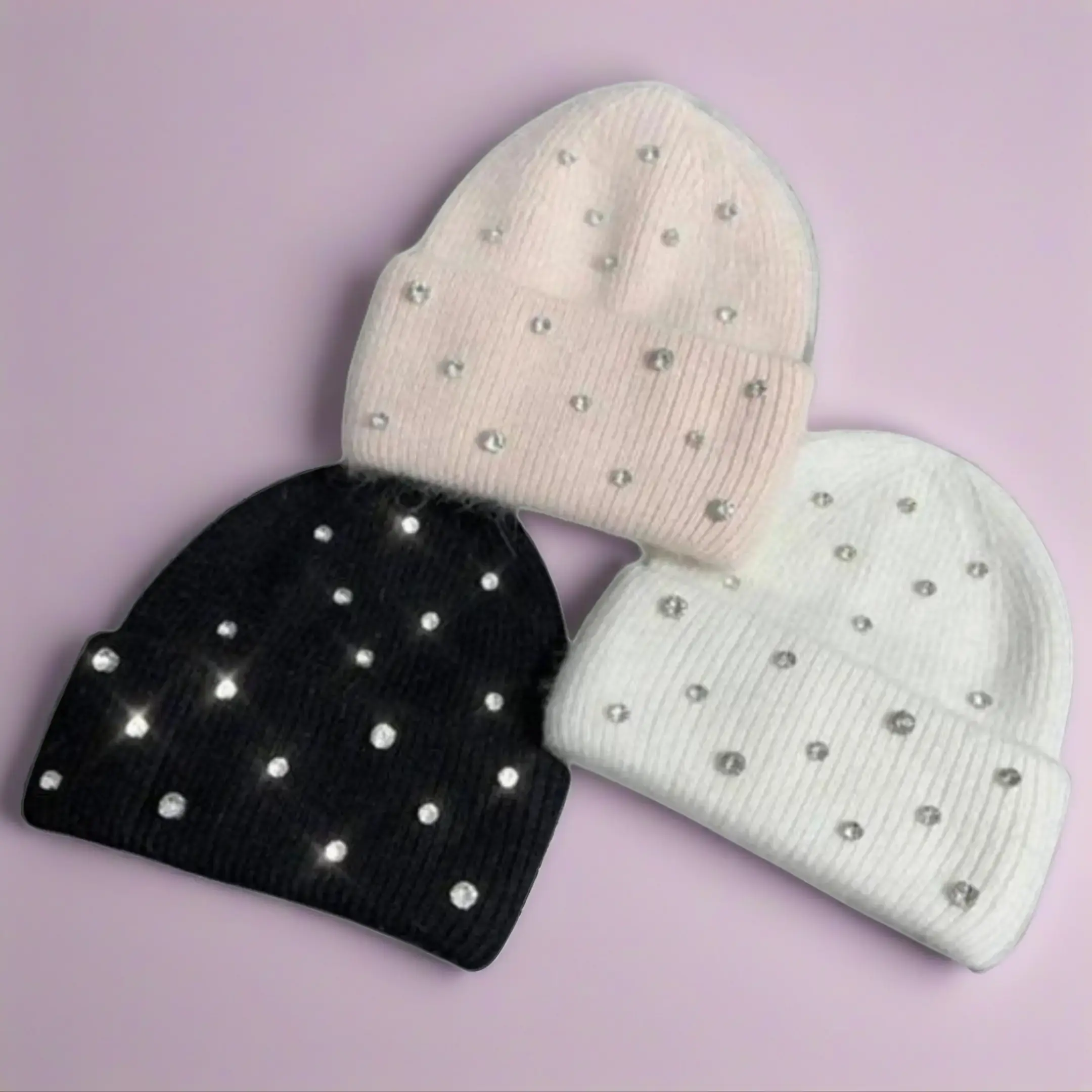 Solid Black Faux Fur Beanie with Rhinestones - Unisex Warm Thermal Cap, Fitted Men's Hats for Winter Evening & Everyday Wear, Beanie Black, Cozy Beanie
