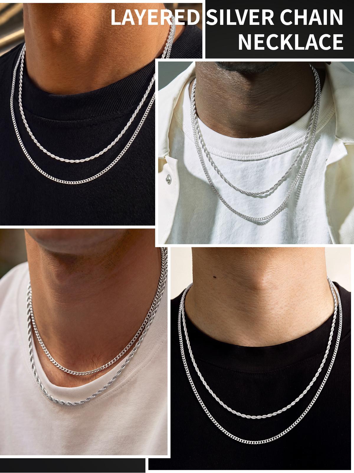 Tewiky Men's 2-Piece 3mm Layered Cuban Link & Rope Chain Necklaces Set, 18-28in Silver Trendy Summer Vibes Jewelry, 2 piece sets for Boyfriend Anniversary & Birthday Gifting, Gifts For Boyfriend, Birthday Gifts For Bf, Stylish Accessories, Guys Gifts, Uni