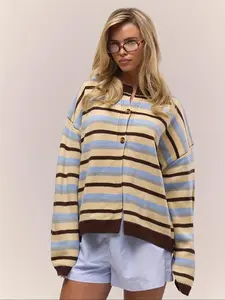 Women's Casual All Over Striped Knitwear Womenswear Knitting, Long Sleeve Button Front Cardigan, Slim Fit, All Seasons, Perfect for Daily Wear and Commuting