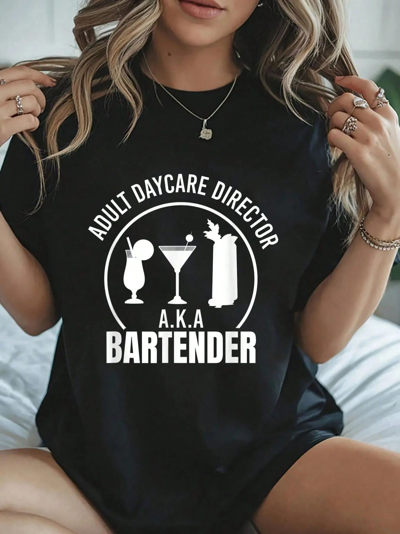Adult Daycare Director Design For A Bartender T-Shirt Womens Round Neck Short Sleeve T-Shirt Fashion Graphic Tees Women