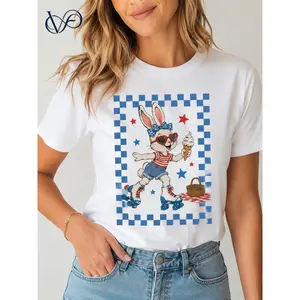 Women's Cute Retro Short-Sleeve Crewneck T-Shirt - White Base, Blue Checkered Border, Roller Skating Bunny, Heart Sunglasses & Ice Cream Prints, Sporty Relaxed Fit, Outdoor Summer Picnic Holiday Casual Apparel