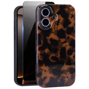 Cute Phone Case for iPhone 16 Case, [with 1X Privacy Screen Protector] Tortoise Shell Pattern Leopard Full Camera Protective Slim Shockproof Cool Trendy Aesthetic