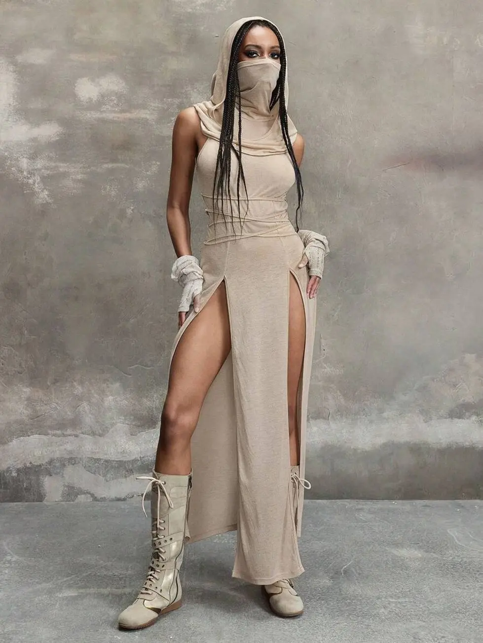 Women's Grunge Punk Y2K Vintage Hooded High Slit Dress, Gothic Apocalyptic Style Party Outfit