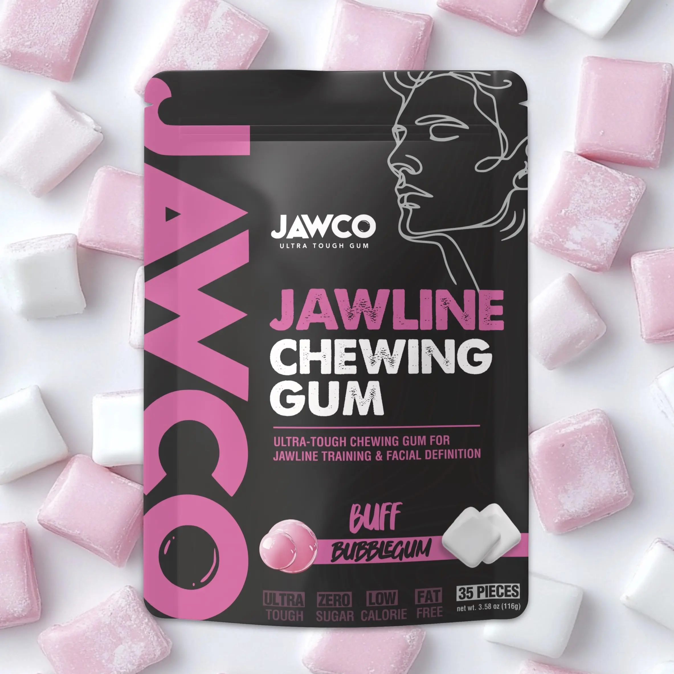 JAWCO Ultra-Tough Jawline Gum | Get a Stronger, Squarer Jawline | 15X Strength | Buff Bubblegum Jaw Training Facial Fitness Hard Chewing Gum (35 Pieces)