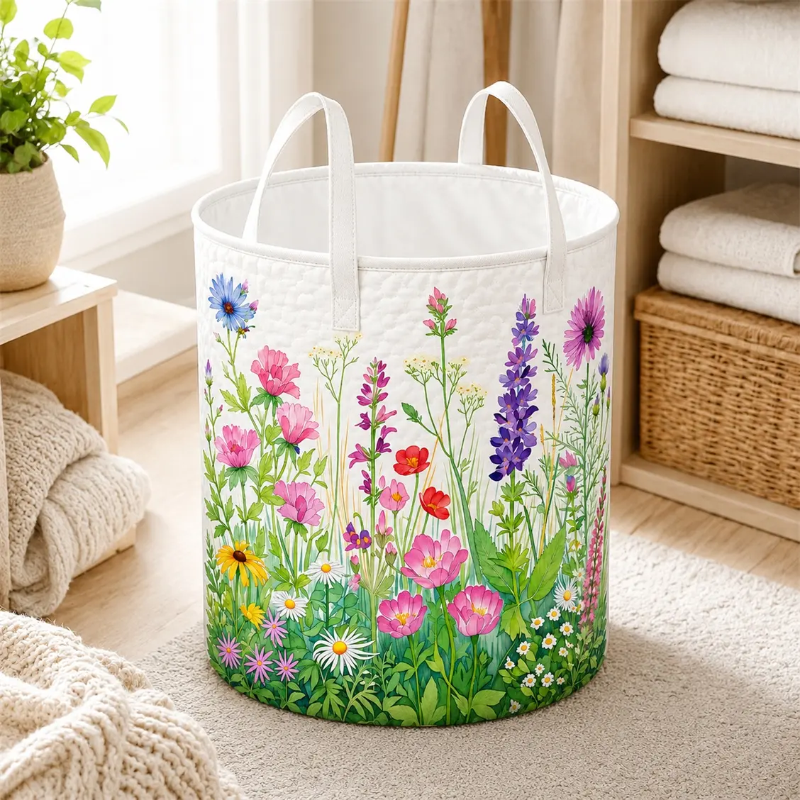 Wildflower Quilted Laundry Basket with Handles, Floral Storage Basket for Clothes, Towels, Toys & Blankets, Large Capacity Soft Home Organizer Tote for Bedroom, Bathroom, Nursery, Dorm Room & Laundry Room