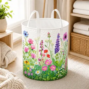Wildflower Quilted Laundry Basket with Handles, Floral Storage Basket for Clothes, Towels, Toys & Blankets, Large Capacity Soft Home Organizer Tote for Bedroom, Bathroom, Nursery, Dorm Room & Laundry Room