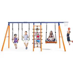 Swing Sets for Backyard 700 lbs - 6 in 1 Multifunction Swing Set Outdoor for Kids Playground, Larger Heavy Duty Metal Swing Stand with 3 Adjustable Swings, Climbing Ladder and Net, Basketball Hoop